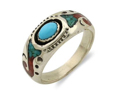 Navajo Inlay Band Ring 925 Silver Turquoise & Coral Native Artist C.80's