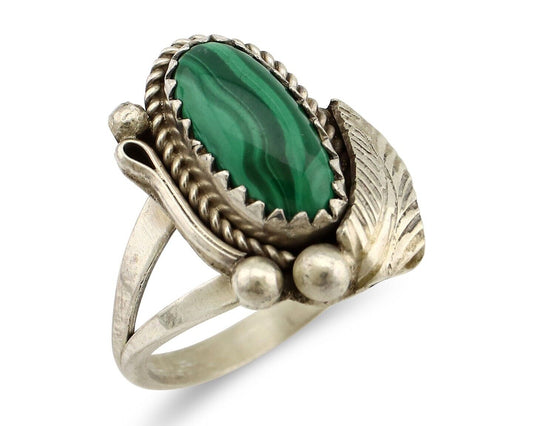 Navajo Ring 925 Silver Natural Malachite Artist Signed Justin Morris C.80's