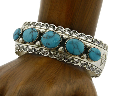 Navajo Bracelet .925 Silver Spiderweb Turquoise Artist Denetdale Circa 80's
