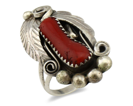 Navajo Ring 925 Silver Mediterranean Coral Artist Signed Justin Morris C.80's