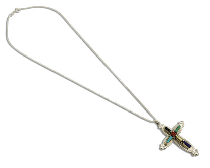 Zuni Handmade Cross Necklace 925 Silver Natural Gemstone Signed E Kaskalla C.80s