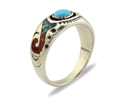 Navajo Handmade Ring 925 Silver Blue Turquoise & Coral Native American C.80's