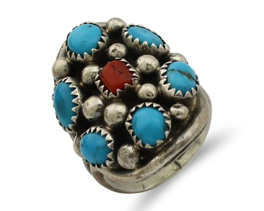 Navajo Ring 925 Silver Blue Turquiose & Coral Artist Signed Elgin Hoskey C.80's