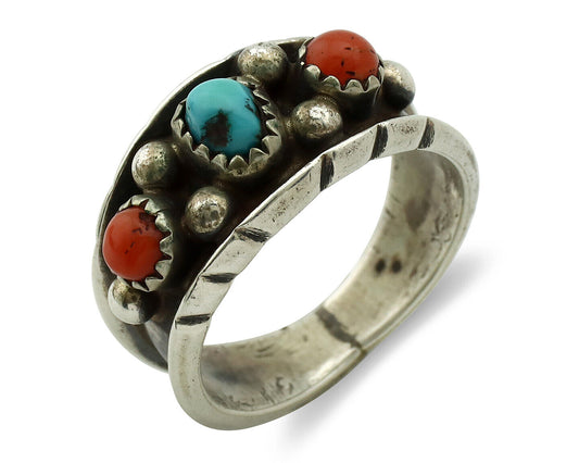 Navajo Ring 925 Silver Coral & Sleeping Beauty Turquoise Native Artist C.70's