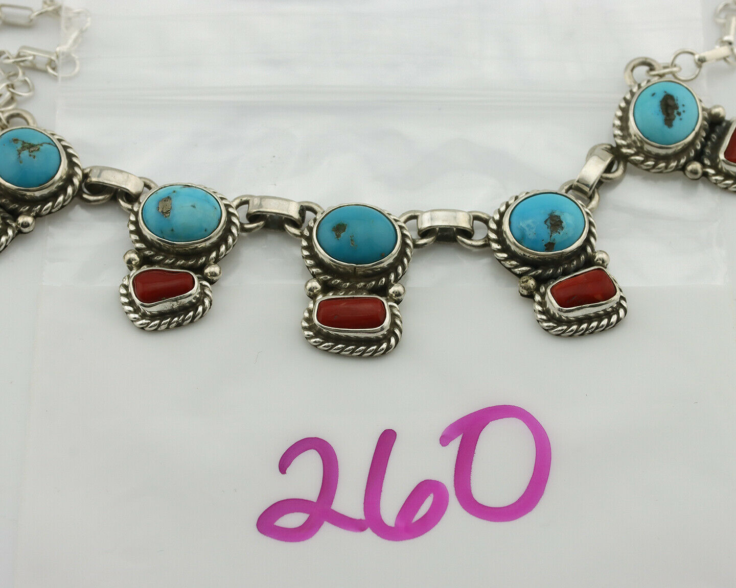 Navajo Necklace .925 Silver Morenci Turquoise & Coral Native Artist C.80's