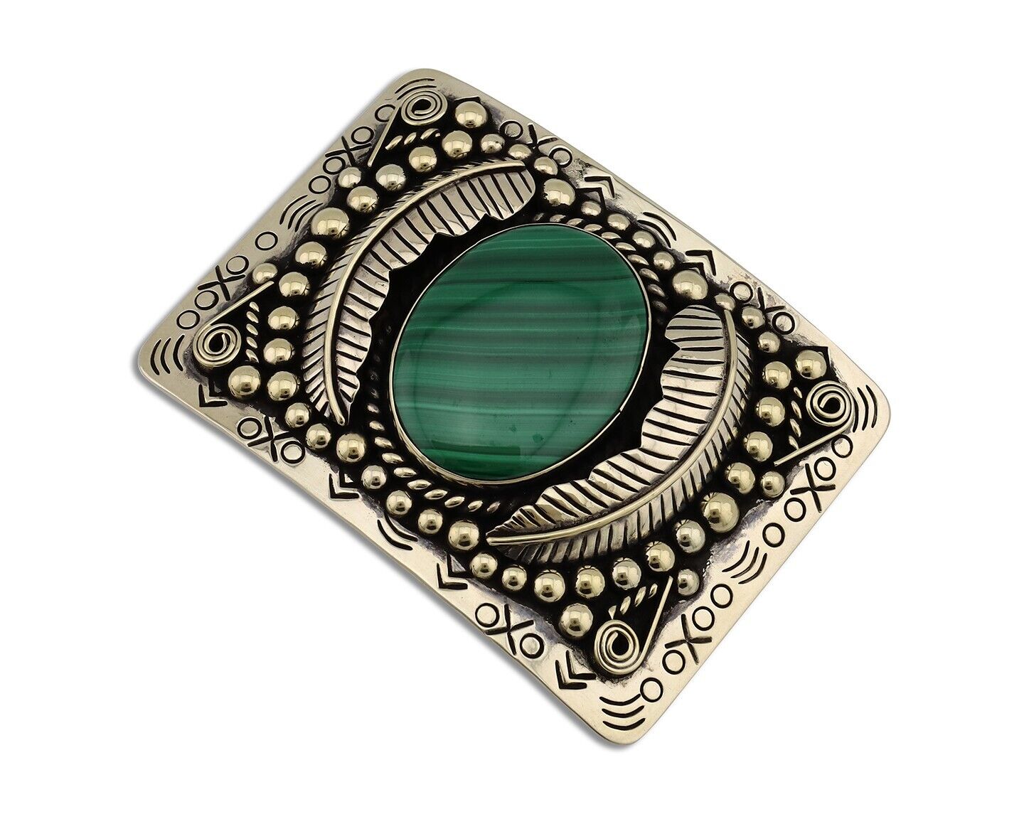 Men Navajo Belt Buckle 999 Nickel Malachite Artist Signed Teepee Handmade C80s