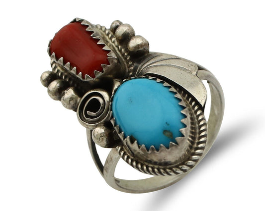 Navajo Ring 925 Silver Blue Turquiose & Coral Artist Signed Justin Morris C.80's