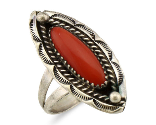 Navajo Handmade Ring 925 Silver Natural Coral Artist Signed K Montoya C.80's