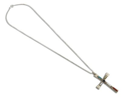 Zuni Handmade Cross Necklace 925 Silver Natural Gemstone Signed C. IULE C.80's