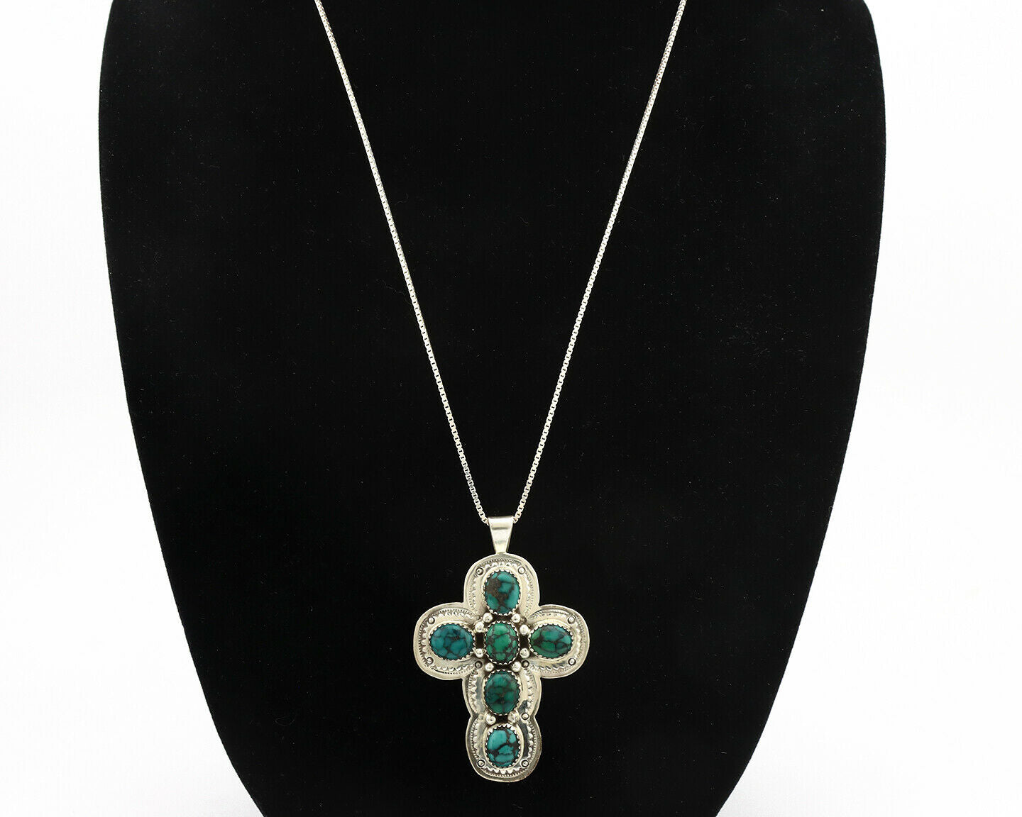 Navajo Cross Necklace .925 Silver Spiderweb Turquoise Native Artist C.80's