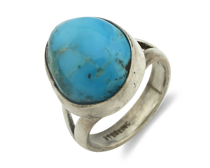 Navajo Ring .925 Silver Natural Blue Turquoise Signed Apache C.80's