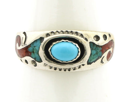 Navajo Inlay Band Ring 925 Silver Turquoise & Coral Native Artist C.80's