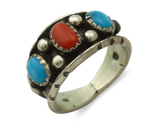 Zuni Ring .925 Silver Turquoise & Coral Artist Signed Milton Lasiloo C.80's