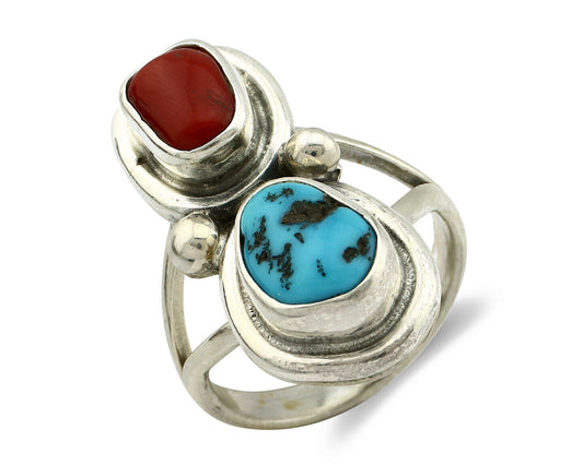 Navajo Ring .925 Silver Red Coral & Blue Turquoise Native Artist C.80's