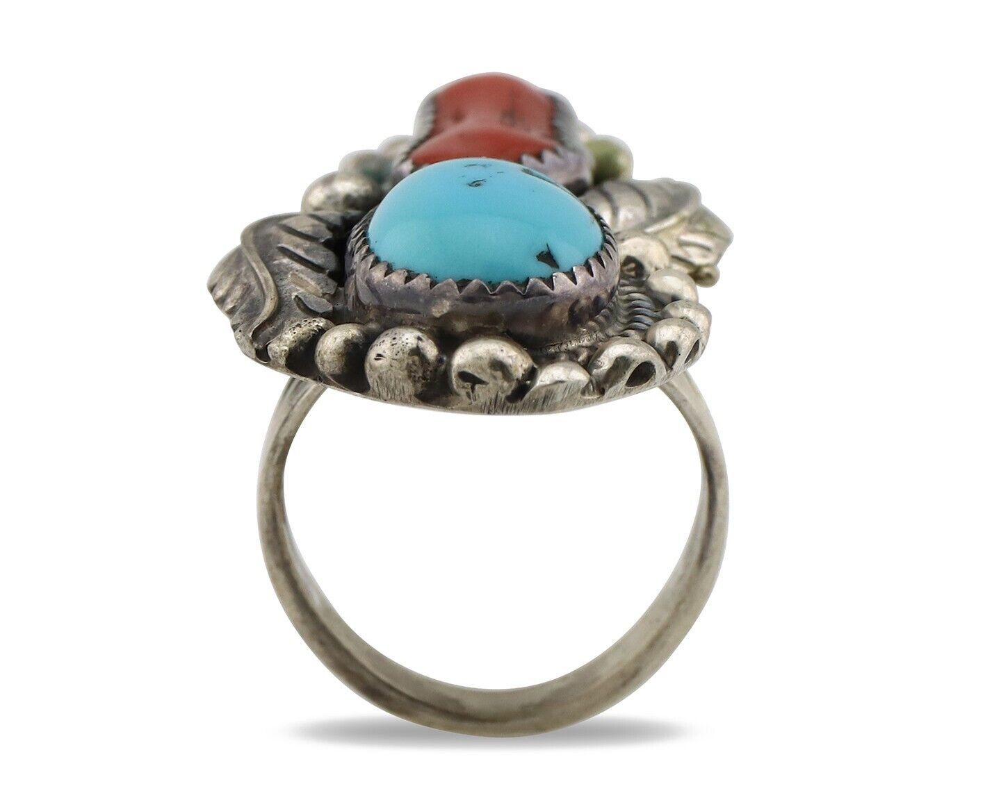 Navajo Ring 925 Silver Blue Turquoise & Coral Signed Stanley Bain C.80's