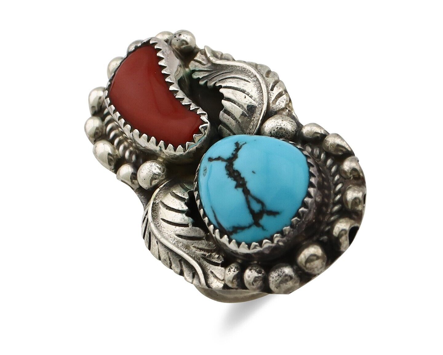 Navajo Ring 925 Silver Blue Turquoise & Coral Signed Stanley Bain C.80's