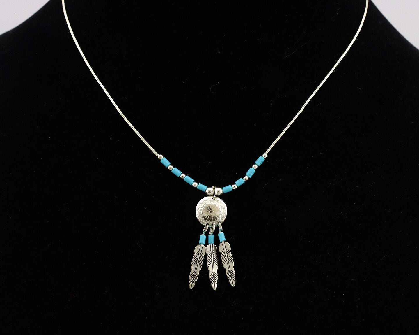 Navajo Necklace 925 Silver Sleeping Beauty Turquoise Artist Signed QT C.80's