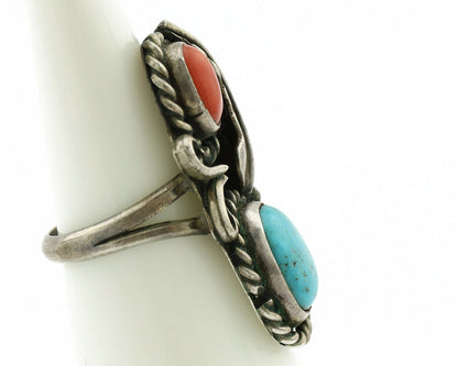 Navajo Ring .925 Silver Turquoise & Coral Native American Artist C.1975's