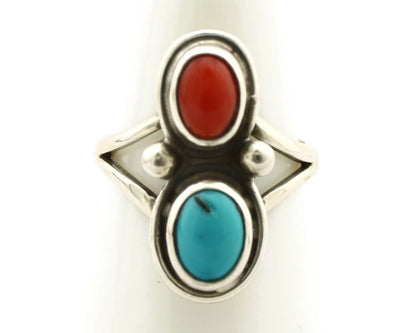 Navajo Handmade Ring 925 Silver Coral & Turquoise Native American Artist C.80's