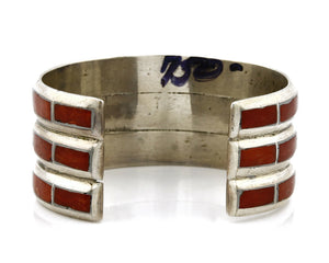 Women's Zuni Bracelet Inlaid Coral .925 Silver 3 Row Natural Mined C.80's