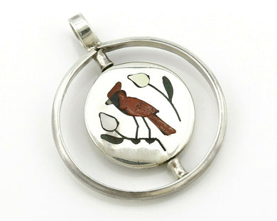 Navajo Bird Spinner Pendant .925 Silver Inlaid Gemstone Signed Baylor C.80's
