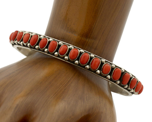 Pima Bracelet .925 Silver Natural Red Coral Artist Signed Alvin Sosolda C.80's