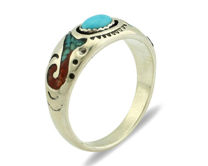 Navajo Handmade Ring 925 Silver Blue Turquoise & Coral Native American C.80's