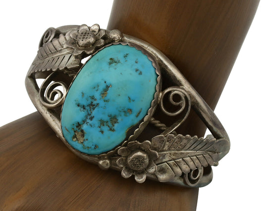 Navajo Bracelet .925 Silver Sleeping Beauty Turquoise Artist Signed T C.80's