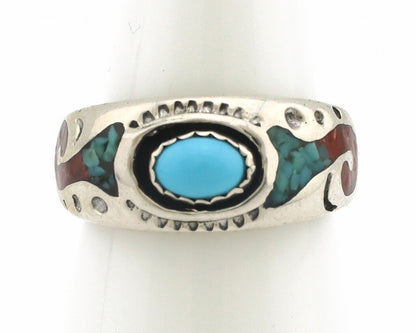 Navajo Handmade Ring 925 Silver Blue Turquoise & Coral Native American Artist