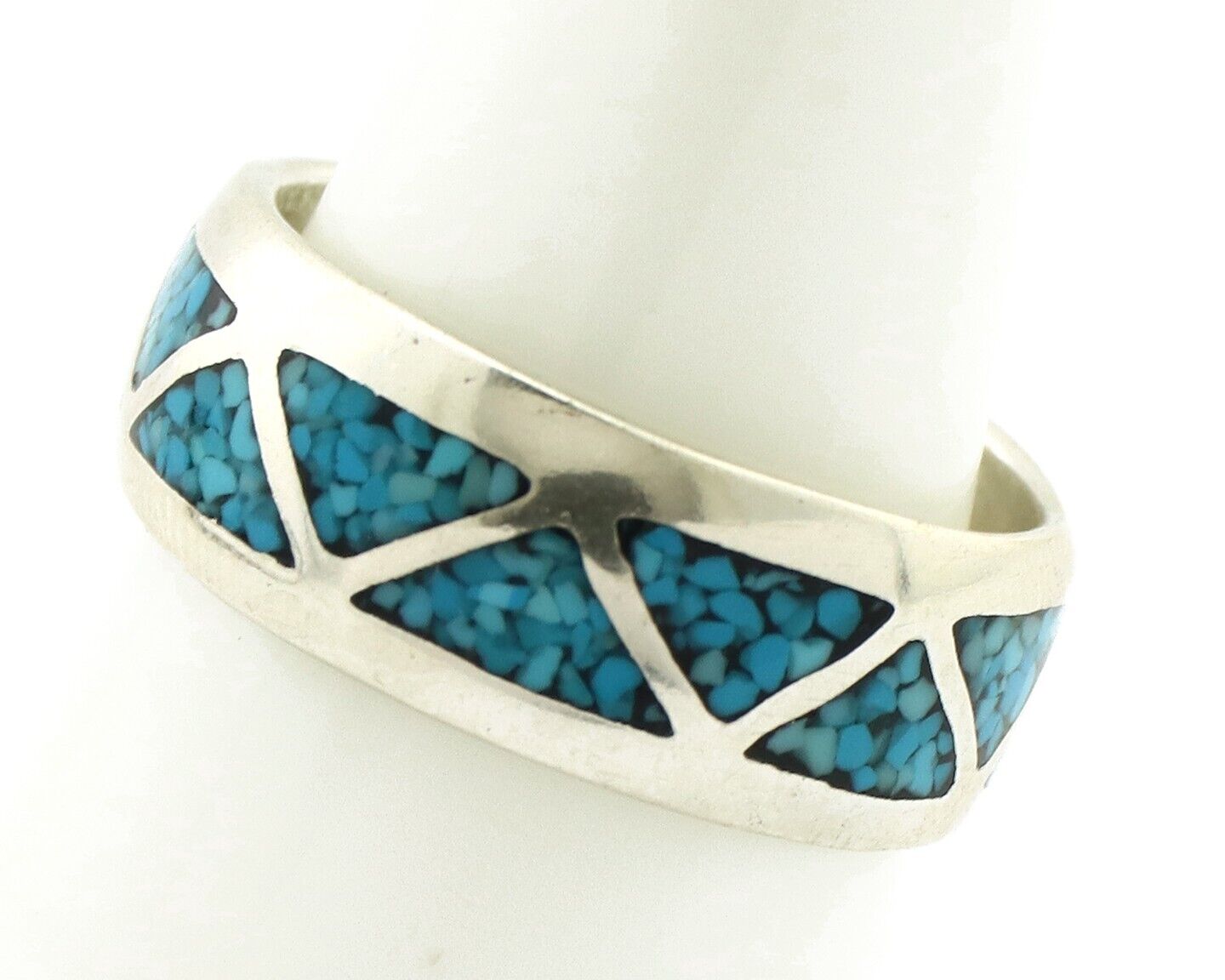 Navajo Chip Inlay Ring 925 Silver Sleeping Beauty Turquoise Artist Silver Cloud