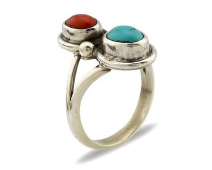 Navajo Handmade Ring 925 Silver Coral & Turquoise Native American Artist C.80's