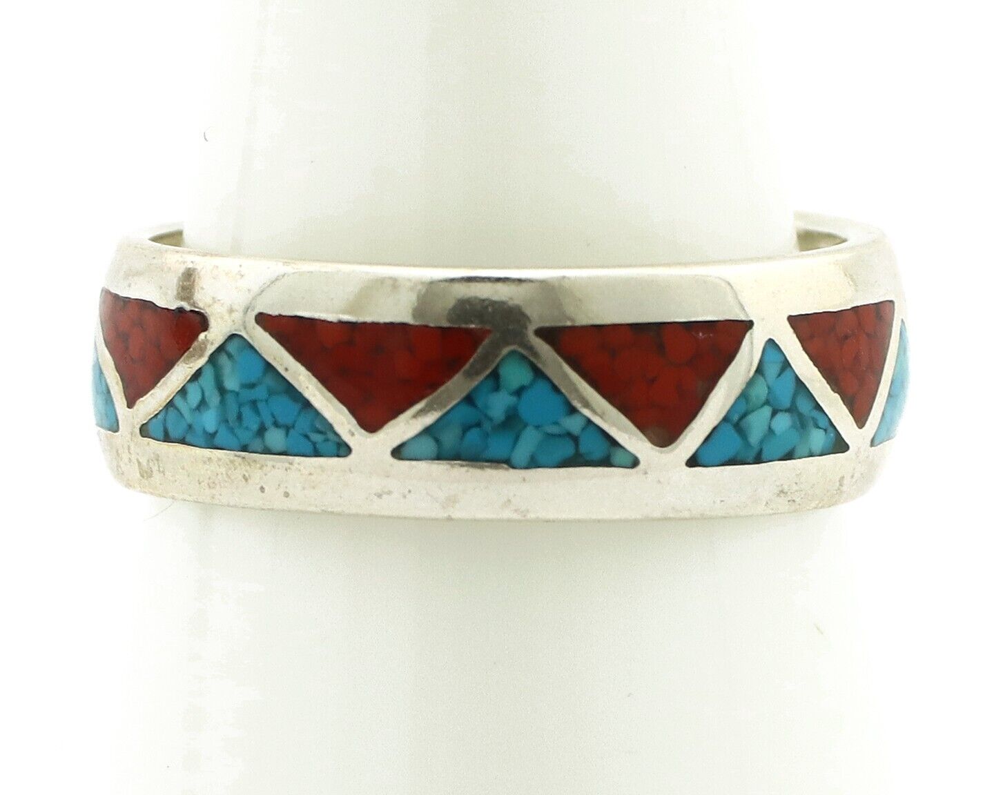 Navajo Chip Inlay Ring 925 Silver Sleeping Beauty Turquoise & Coral Silver Cloud