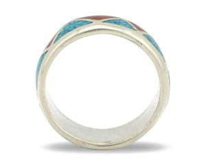 Navajo Ring 925 Silver Natural Turquoise & Coral Native American Artist C.80's