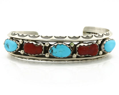 Navajo Bracelet .925 Silver Turquoise & Coral Artist Larry Moses Begay C.90's