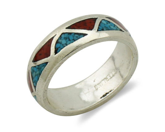 Navajo Chip Inlay Ring 925 Silver Sleeping Beauty Turquoise & Coral Silver Cloud