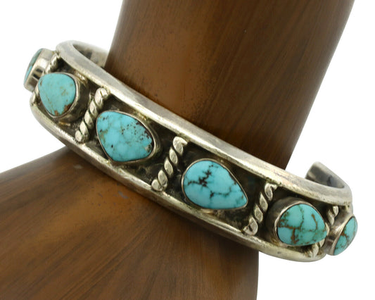 Navajo Bracelet .925 Silver Spiderweb Turquoise Artist Signed AY 80's