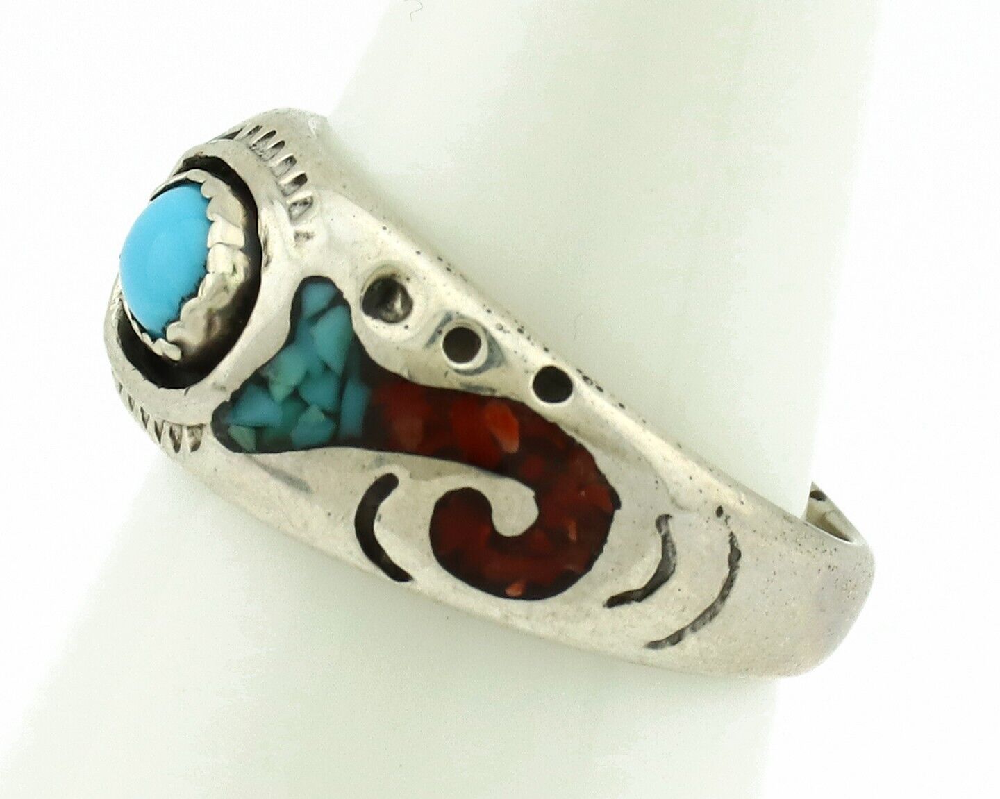 Navajo Handmade Ring 925 Silver Blue Turquoise & Coral Native American C.80's