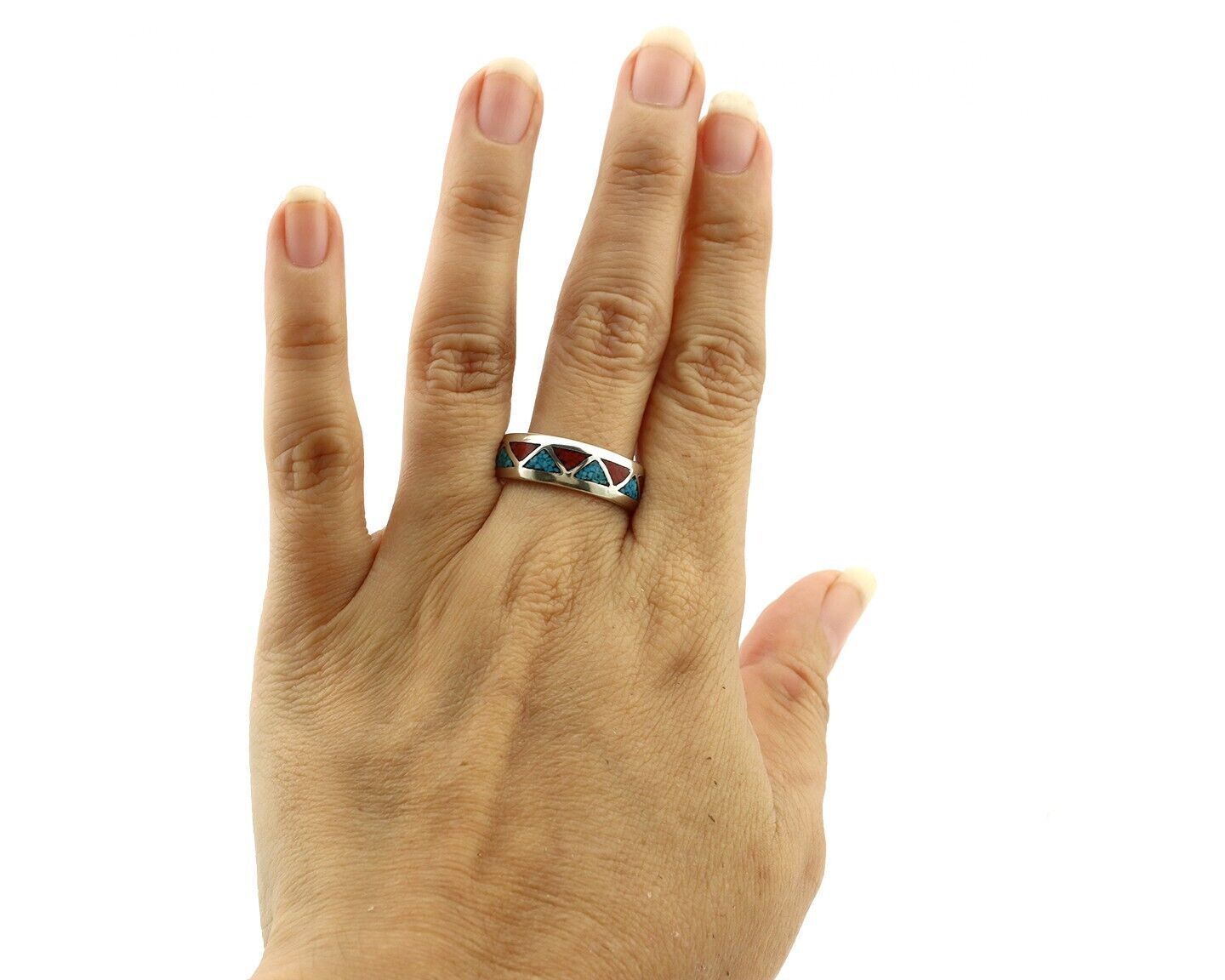 Navajo Chip Inlay Ring 925 Silver Sleeping Beauty Turquoise & Coral Silver Cloud