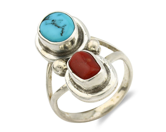 Navajo Ring .925 Silver Red Coral & Blue Turquoise Native Artist C.80's