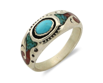 Navajo Handmade Ring 925 Silver Blue Turquoise & Coral Native American C.80's