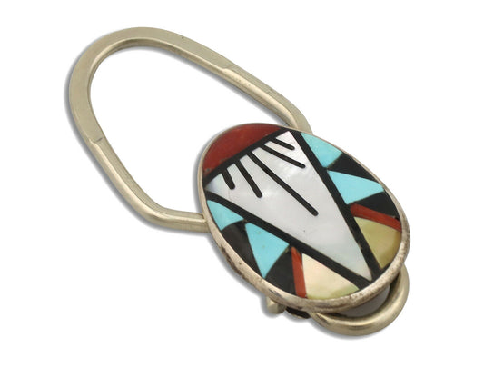 Zuni Key Chain .925 Silver Inlaid Gemstones Artist Signed JQB C.80's