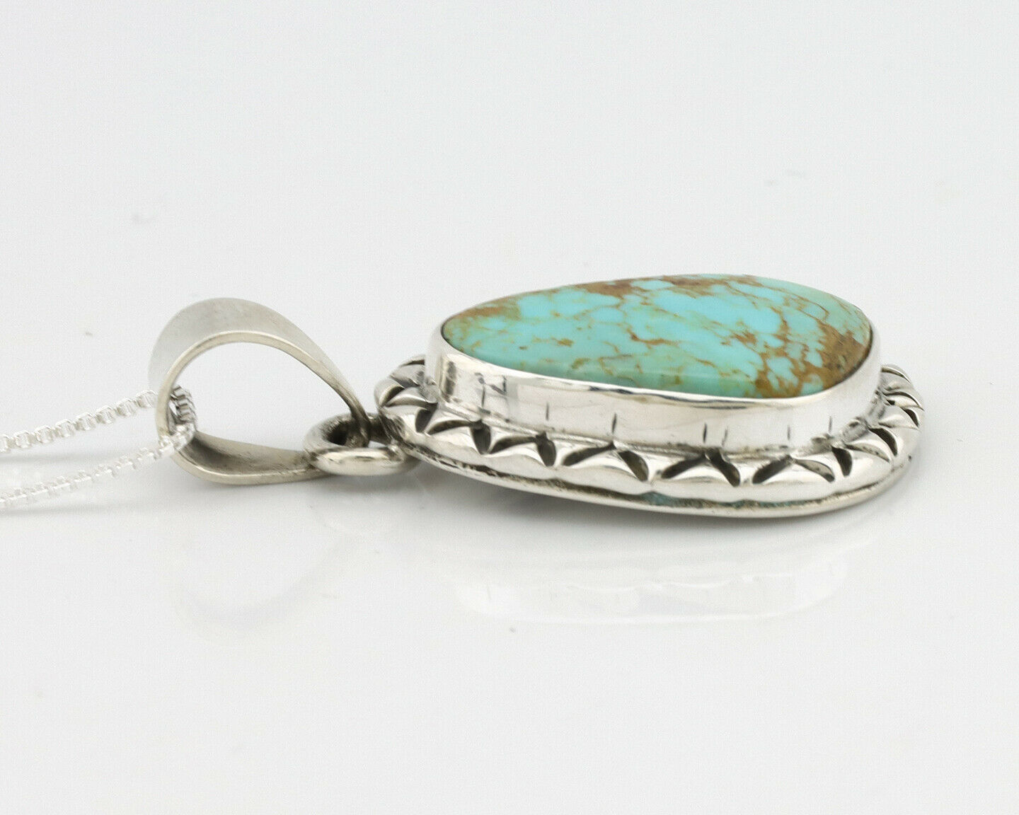 Navajo Kingman Turquoise Pendant .925 Silver Hand Stamped Signed Gecko C.80's