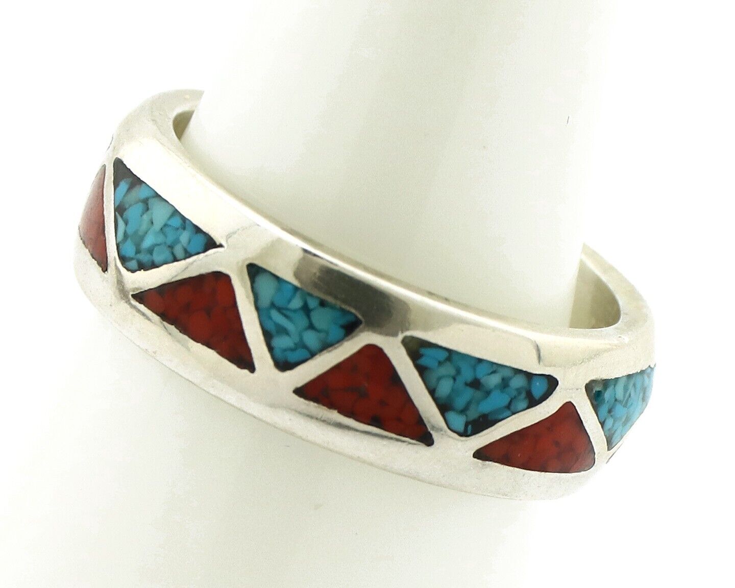 Navajo Chip Inlay Ring 925 Silver Sleeping Beauty Turquoise & Coral Silver Cloud