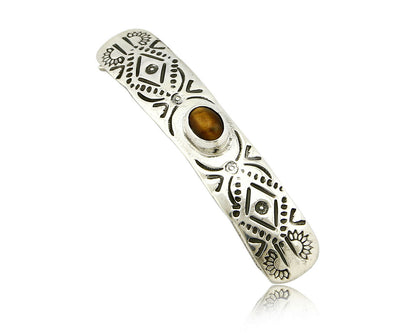 Navajo Tigers Eye .925 SOLID SILVER Hand Stamped 12mm Wide Barrette Hair Clip
