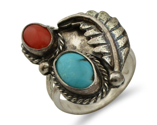 Navajo Handmade Ring 925 Silver Turquiose & Coral Native American Artist C.80's