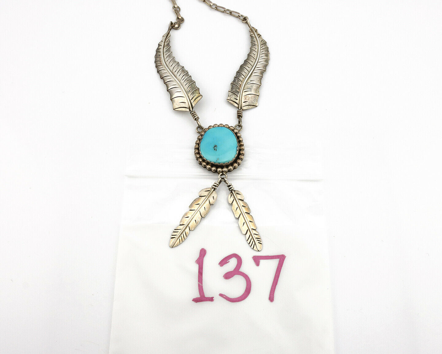 Navajo Necklace .925 Silver Sleeping Beauty Turquoise Signed EK C.80's