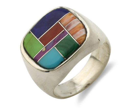 Navajo Inlaid Ring .925 Silver Gemstone Artist Native American C.1980's