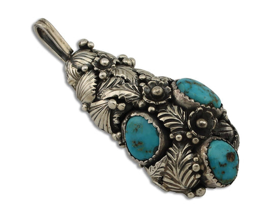 Navajo Pendant 925 Silver Natural Mined High Grade Turquoise Signed Tom Willeto