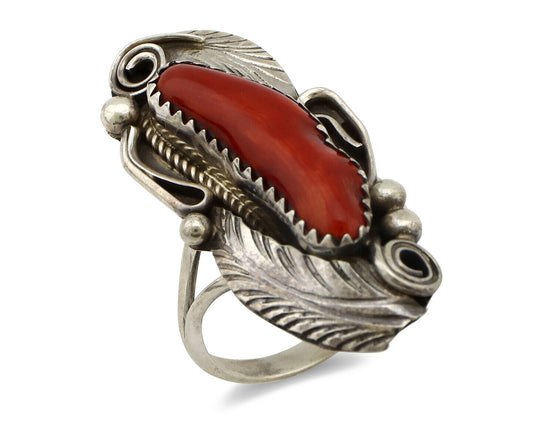 Navajo Ring 925 Silver Mediterranean Coral Artist Signed Justin Morris C.80's