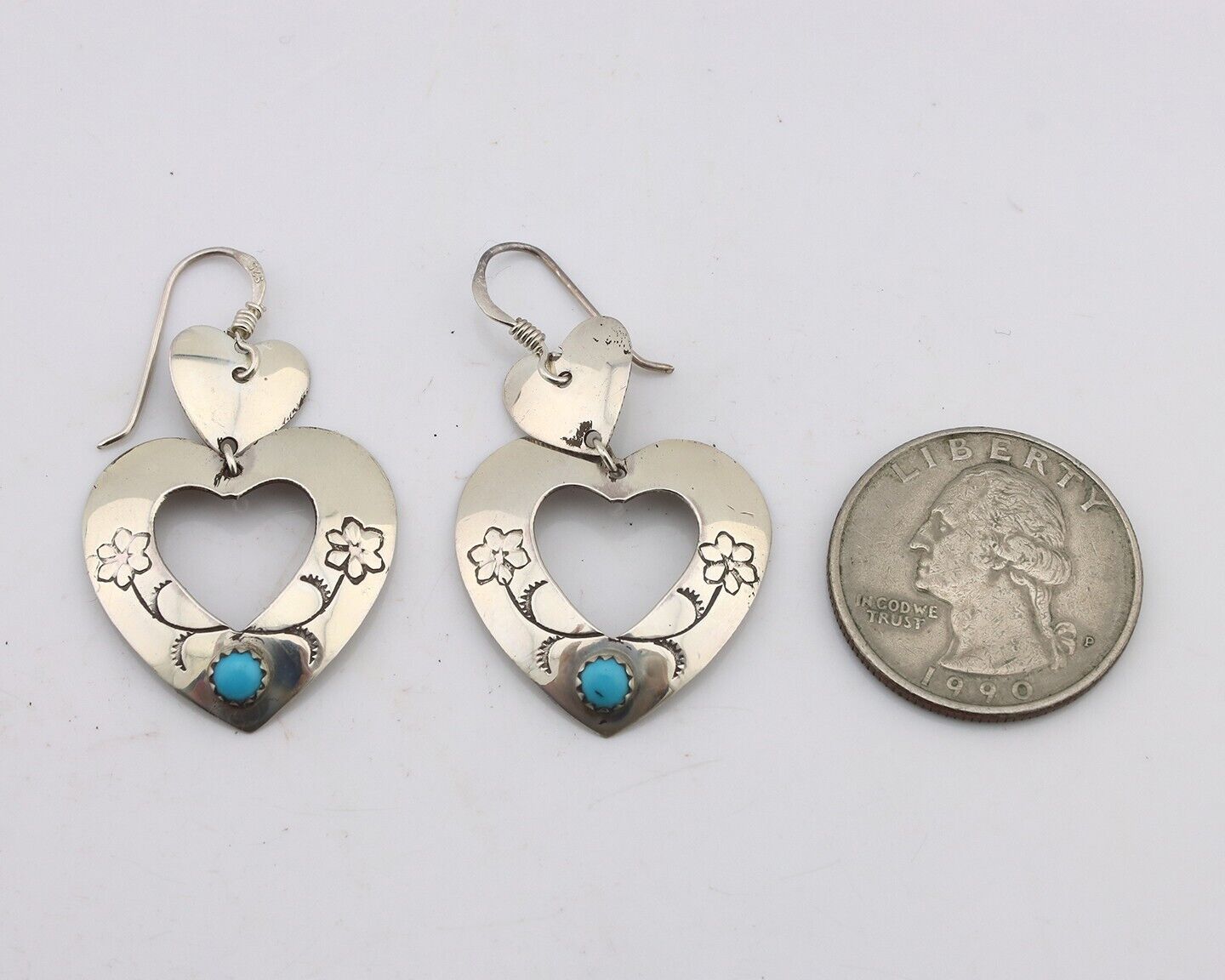 Navajo Dangle Heart Earrings Handmade 925 Silver Blue Turquoise Native Artist 80